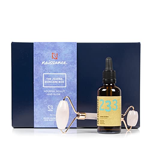 Naissance Set Estimulante Para Cuidado de la Piel - Incluye Aceite de Jojoba Puro 50ml y Rodillo Masaje Facial de Cuarzo Rosa - Tratamiento Natural Tonificador Para Ojos, Rostro, Cuello, Piel Suave