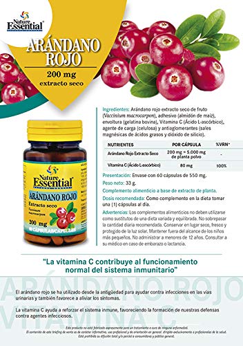 Nature Essential | Arándano Rojo 200 mg | 60 Cápsulas | Ayuda a Reforzar el Sistema Inmune y la Salud del Tracto Urinario | Rico en Vitamina C