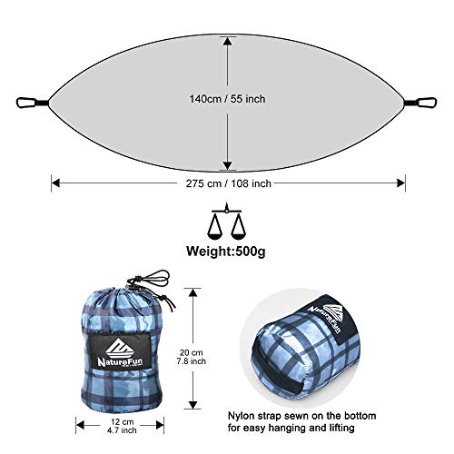 NatureFun Hamaca Ultraligera para Camping | 300 kg de Capacidad de Carga(275 x 140 cm) | Transpirable y de Secado rápido Hamaca | 2 Mosquetones Premium, 2 Eslingas Incluidas | Al Aire Libre Interior