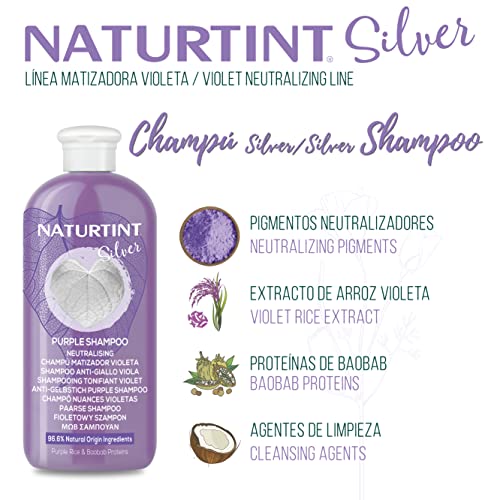 Naturtint Champú Matizador Violeta. Elimina Tonos Amarillentos y Cobrizos No Deseados. Cabellos Rubios, Blancos y Decolorado. 96,6% de Ingredientes Naturales - 330 ml