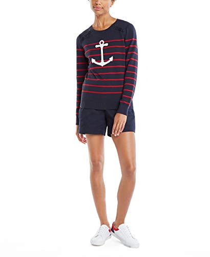 Nautica Women's Voyage Long Sleeve 100% Cotton Striped Crewneck Sweater