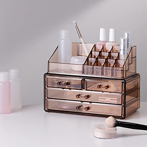 Navaris Organizador de Maquillaje Transparente - Caja con 20 Compartimentos para Guardar cosméticos brochas cremas Botes - 24 x 18.5 x 15 CM Ámbar