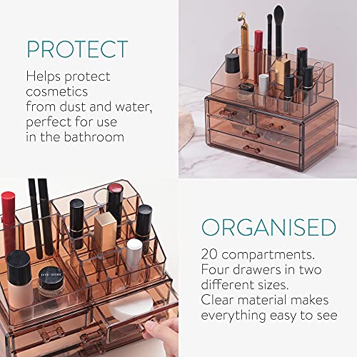 Navaris Organizador de Maquillaje Transparente - Caja con 20 Compartimentos para Guardar cosméticos brochas cremas Botes - 24 x 18.5 x 15 CM Ámbar