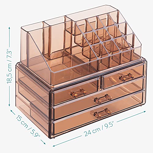 Navaris Organizador de Maquillaje Transparente - Caja con 20 Compartimentos para Guardar cosméticos brochas cremas Botes - 24 x 18.5 x 15 CM Ámbar