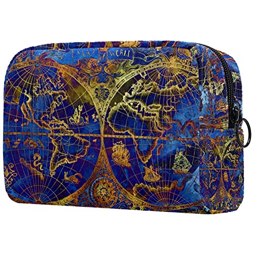 Neceser Maquillaje Portátil Mapa del Mundo Bolsa De Maquillaje Organizador De Maquillaje Bolso De Cosméticos De Viaje para Niñas Y Mujeres 18.5x7.5x13cm