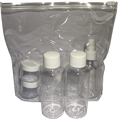 Neceser Transparente Viaje Avion + 2 Botes para Gel y Champu + Perfumador + 2 Envases para Crema / Bolsa liquidos Avion 20x20 Aeropuerto / Kit Neceser Viajes liquidos /Transporte Viaje