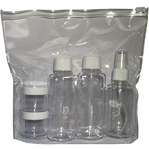 Neceser Transparente Viaje Avion + 2 Botes para Gel y Champu + Perfumador + 2 Envases para Crema / Bolsa liquidos Avion 20x20 Aeropuerto / Kit Neceser Viajes liquidos /Transporte Viaje