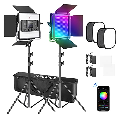 Neewer 2 Paquetes de Luz LED 480 RGB con Control de Aplicación Iluminación de Video para Fotografía con Soporte y Caja SMD CRI95/3200K-5600K/Brillo 0-100%/0-360 Colores Ajustables/9 Escenas Aplicables