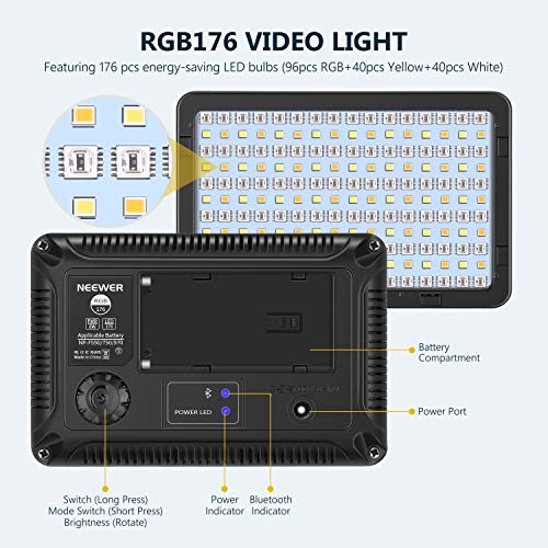 Neewer RGB Luz de Video con Control de Aplicación Luz LED de Cámara con 360° a Todo Color CRI95+ Ajustable de 3200K-5600K 9 Escenas de Luz para Iluminación Youtube Fotos (Batería No Incluida) RGB176