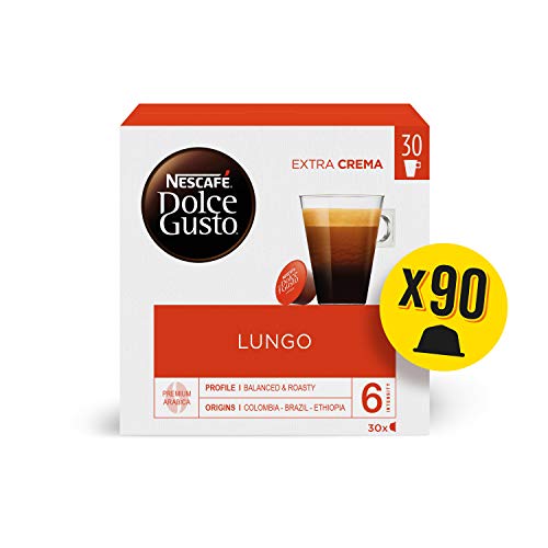 Nescafé Dolce Gusto Cápsulas de Café Lungo Magnum; Café Lungo suave con aroma a café tostado con toques a frutos rojo, 3 cajas de 30 cápsulas - 90 Cápsulas