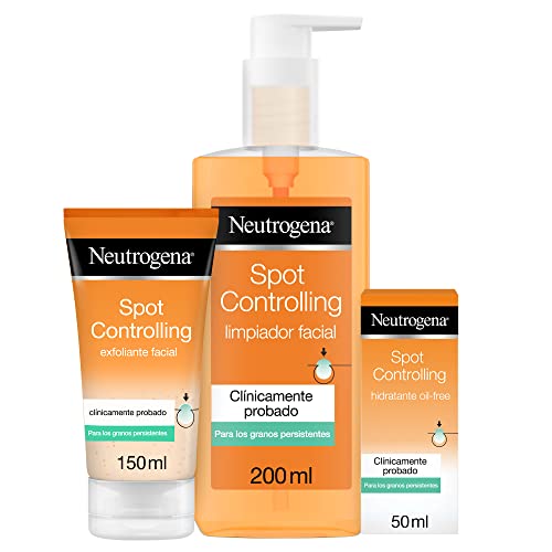 Neutrogena Spot Controlling, 1 Limpiador Facial, 1 Exfoliante Facial, 1 Hidratante Facial, con Ácido Salicílico para Piel Propensa al Acné, Pack de 3 Unidades