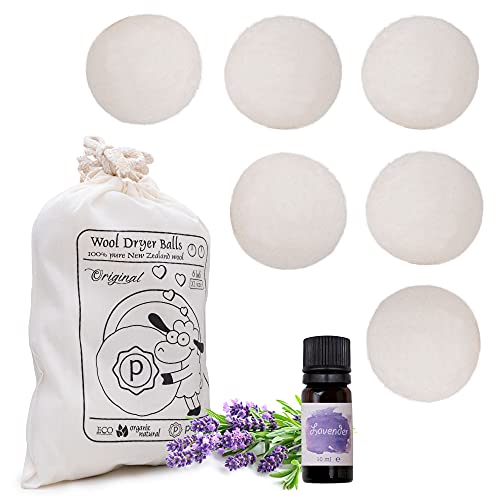 New Juego completo de bolas de secado antiarrugas, aceite esencial ecológico perfumado, suavizante natural, removedor de pelusa de perfume para ropa (6 bolas XL +1 lavanda 10 ml)