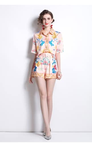 Niche Design New Holiday INS Wind Loose Sweet Summer Print Shirt Set, Rosa/Rebel Fun., Small