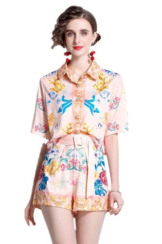 Niche Design New Holiday INS Wind Loose Sweet Summer Print Shirt Set, Rosa/Rebel Fun., Small