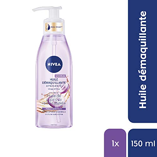 NIVEA Aceite desmaquillante relajante facial y ojos (1 x 150 ml), desmaquillante enriquecido con aceite de pépinos de raisino natural, cuidado facial para mujer para pieles sensibles