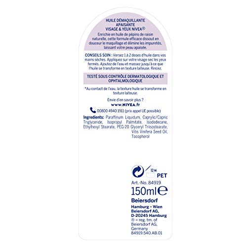 NIVEA Aceite desmaquillante relajante facial y ojos (1 x 150 ml), desmaquillante enriquecido con aceite de pépinos de raisino natural, cuidado facial para mujer para pieles sensibles