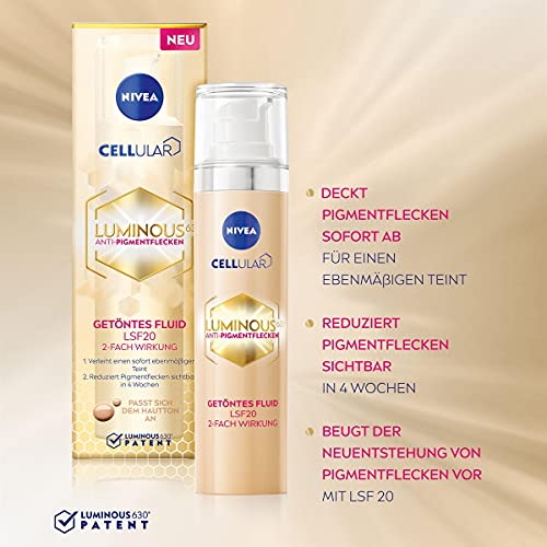 NIVEA Cellular Luminous 630 Fluido tintado con FPS 20 (40 ml), cuidado facial contra manchas pigmentarias y manchas de la edad, líquido hidratante con ácido hialurónico