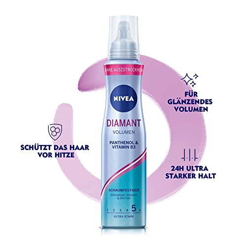 NIVEA Diamant Volumen Espuma fijadora ultra fuerte (150 ml), espuma nutritiva para el cabello con pantenol y vitamina B3, espuma de volumen para peinados brillantes con duración 24 h