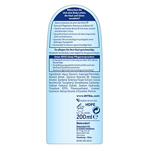 NIVEA Loción corporal Body Sensual de coco y aceite de Monoi en paquete de 6 unidades (6 x 200 ml), loción corporal de absorción rápida con aroma de coco, crema corporal para 24 horas de hidratación