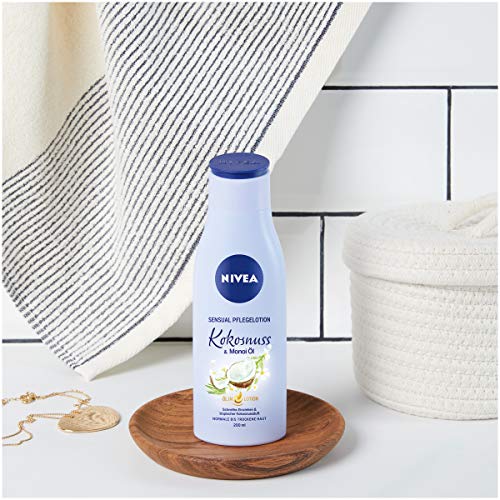 NIVEA Loción corporal Body Sensual de coco y aceite de Monoi en paquete de 6 unidades (6 x 200 ml), loción corporal de absorción rápida con aroma de coco, crema corporal para 24 horas de hidratación