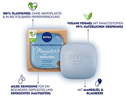 Nivea MagicBar Limpiador facial refrescante (75 g), limpiador facial para una sensación agradable y suave, cosmética natural certificada con aceite de almendra y arándanos