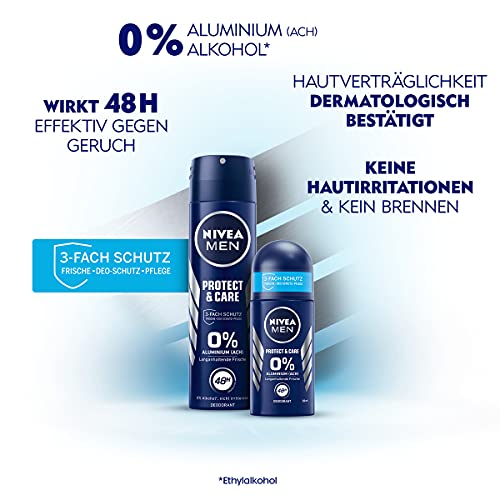 NIVEA MEN Desodorante roll-on Protect & Care (50 ml), desodorante suave sin aluminio (ACH) para una sensación de piel fresca y duradera, desodorante nutritivo con protección desodorante de 48 horas