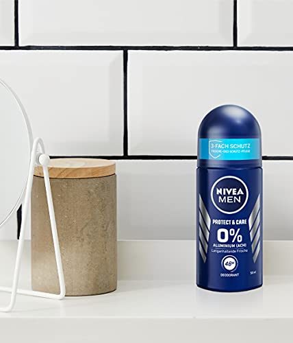 NIVEA MEN Desodorante roll-on Protect & Care (50 ml), desodorante suave sin aluminio (ACH) para una sensación de piel fresca y duradera, desodorante nutritivo con protección desodorante de 48 horas