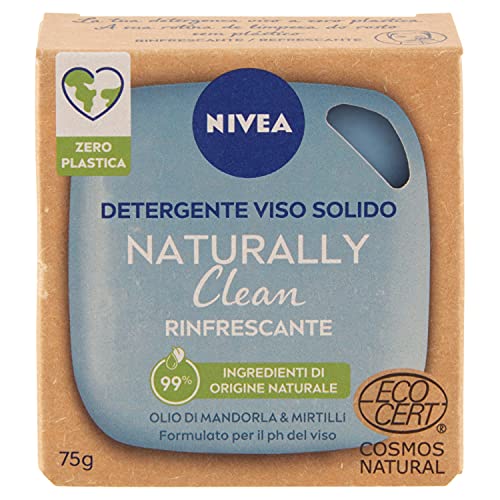 NIVEA Naturally Clean - Limpiador facial sólido refrescante con aceite de almendra y arándanos, certificado Cosmos Natural, 75 g