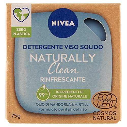 NIVEA Naturally Clean - Limpiador facial sólido refrescante con aceite de almendra y arándanos, certificado Cosmos Natural, 75 g