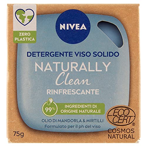 NIVEA Naturally Clean - Limpiador facial sólido refrescante con aceite de almendra y arándanos, certificado Cosmos Natural, 75 g