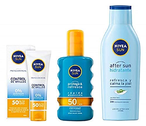 NIVEA SUN crema solar facial FP50 + Protege & Refresca Spray Solar FP50 + After Sun Loción Hidratante