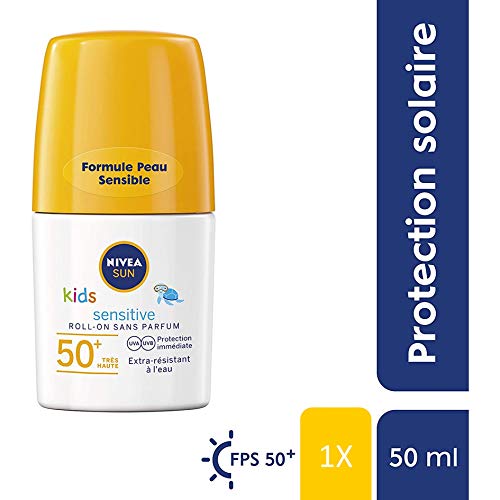 NIVEA SUN Kids Roll-on Protect & Play Sensitive FPS 50+, protección solar para niños en formato lúdico, pantalla solar extra resistente al agua, 50 ml