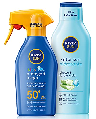 Nivea Sun Kids - Spray solar niños hidratante FP50+ - Protección UV muy alta - 300 ml + Nivea Sun - Loción after sun - Cuidado después del sol - 400 ml