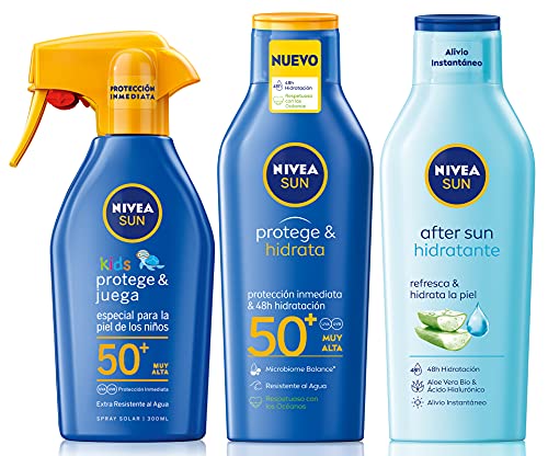 NIVEA SUN Protege & Hidrata Leche Solar FP50+ (1 x 400 ml) + Spray Solar Niños Protege Juega FP50+ + After Sun Loción Hidratante