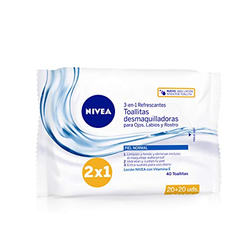 NIVEA Toallitas Desmaquilladoras Refrescantes (1 x 40 ud), toallitas desmaquillantes para piel normal y mixta, toallitas húmedas para rostro, ojos, labios y cuello