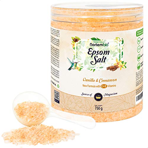 Nortembio Sal de Epsom 750 g. Fragancia Vainilla y Canela. Sal de Baño Hidratada con Vitamina C y E. Relajación de Músculos, Aromaterapia y Buen Sueño. E-Book Incluido.