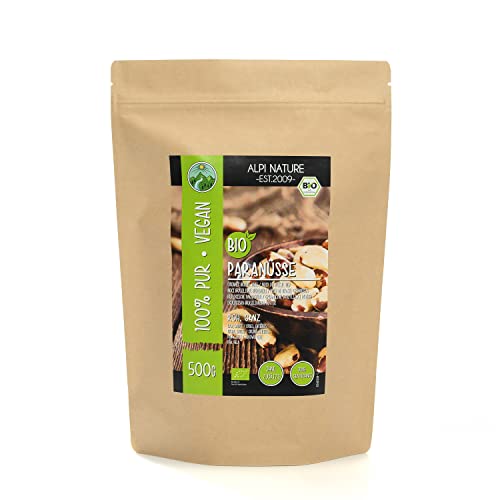 Nueces de Brasil crudas orgánicas (500g), nueces de Brasil enteras y naturales, de cultivo orgánico controlado, sin gluten, sin lactosa, testadas en laboratorio, veganas