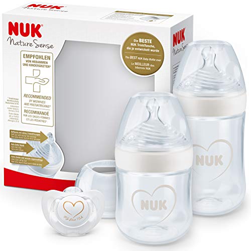 NUK Nature Sense kit de biberones de iniciación, 0-18 meses, 2 biberones anticólico y chupete Genius, Sin BPA, Gris y blanco, 4 unidades