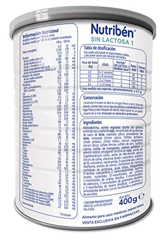 Nutribén Sin Lactosa 1 Leche en polvo de iniciación para bebés intolerantes a la lactosa - de 0 a 6 meses- 1 unidad 400g