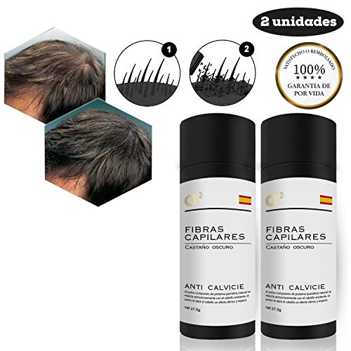 O³ Fibras Capilares Castaño Oscuro 2 Unidades - Keratin Fibers Castaño Oscuro 100% Natural para Disimular Calvicie y Aumentar el volumen. Maquillaje Capilar por hombres y mujeres - 27,5 g Neto x 2