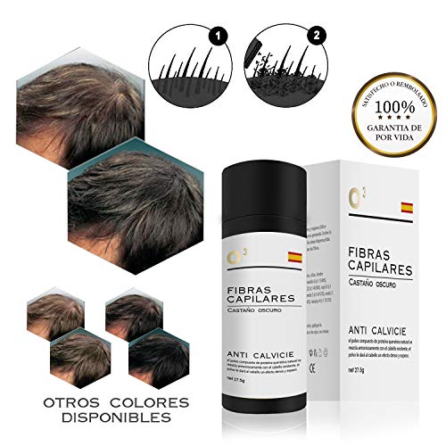 O³ Fibras Capilares Castaño Oscuro - Keratin Fibers Castaño Oscuro 100% Natural para Disimular Calvicie y Aumentar el volumen. Maquillaje Capilar por hombres y mujeres - 27,5 Gramos Neto