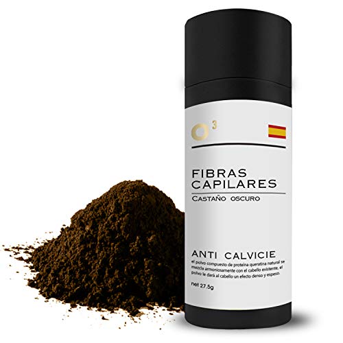 O³ Fibras Capilares Castaño Oscuro - Keratin Fibers Castaño Oscuro 100% Natural para Disimular Calvicie y Aumentar el volumen. Maquillaje Capilar por hombres y mujeres - 27,5 Gramos Neto