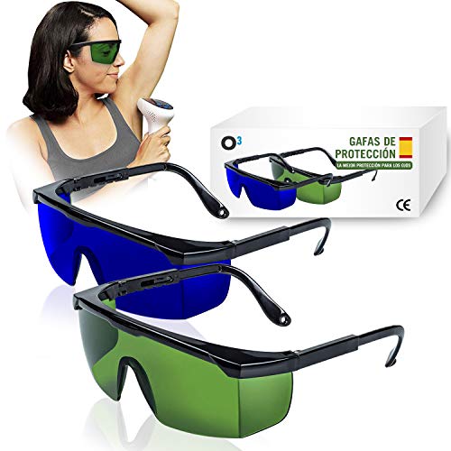 O³ Gafas Laser Depilación - 2 unidades Gafas de protección para depilación HPL/IPL/Luz Pulsada - Gafas De Seguridad Para Protección de Ojo 1 de color verde + 1 azul