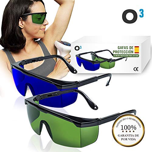 O³ Gafas Laser Depilación - 2 unidades Gafas de protección para depilación HPL/IPL/Luz Pulsada - Gafas De Seguridad Para Protección de Ojo 1 de color verde + 1 azul