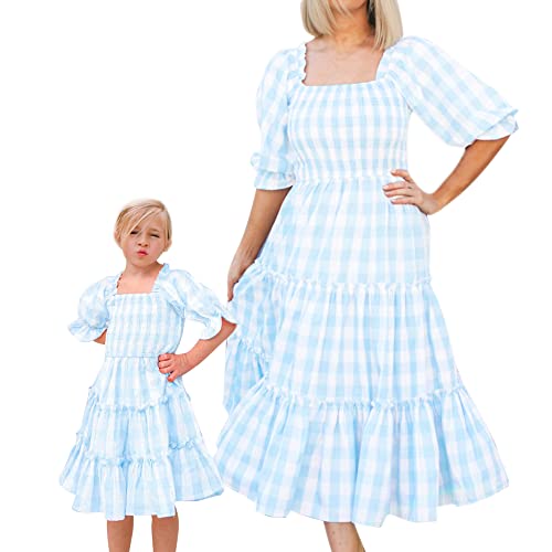 OBEEII Mamá e Hija Vestido de Verano a Juego con la Familia Vestido de Manga Corta con Cuello Cuadrado Vestido de Princesa Niña/Mujer Vestidos Largos Elegantes Trajes Familiares Azul Claro MujerL