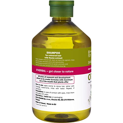 O'Herbal Champú Cabello/Pelo Teñido O Tintado Profesional Hidratante Natural Ecológico Sin Sulfatos Ni Siliconas Con Extracto De Tomillo O'Herbal 500Ml 500 ml