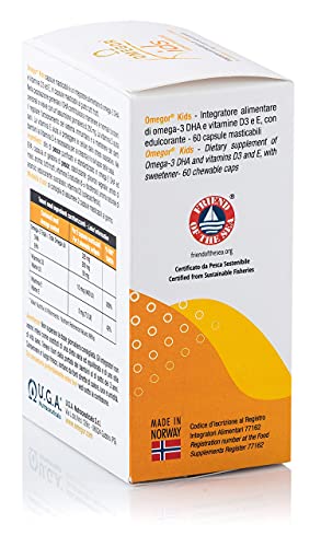 Omegor Kids - Cápsulas Blandas, en Gelatina de Pescado, Endulzadas y Masticables, 250 mg de omega-3 DHA, 60 Cápsulas