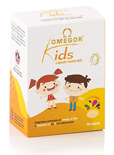 Omegor Kids - Cápsulas Blandas, en Gelatina de Pescado, Endulzadas y Masticables, 250 mg de omega-3 DHA, 60 Cápsulas