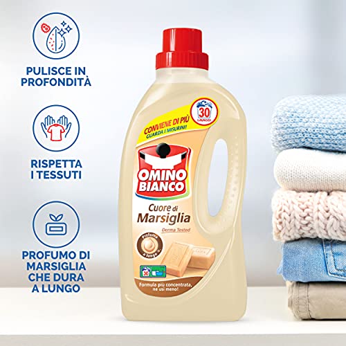 Omino Bianco - Detergente Lavadora líquido, 138 lavados, Respeta colores y tejidos, fresco perfume con esencia de corazón de Marsella, 1150 ml x 6 paquetes