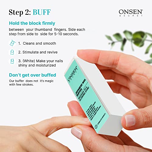 Onsen Japanese Nail Buffer and Shine Kit - Lima de uñas profesional, bloque de uñas de 3 vías con almohadillas de repuesto gratuitas y crema para cutículas fortalecedora de uñas para uñas saludables